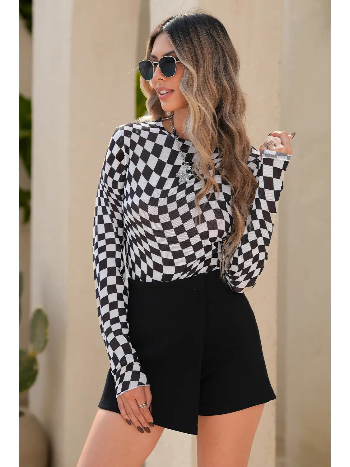 Checkered Mesh Long Sleeve