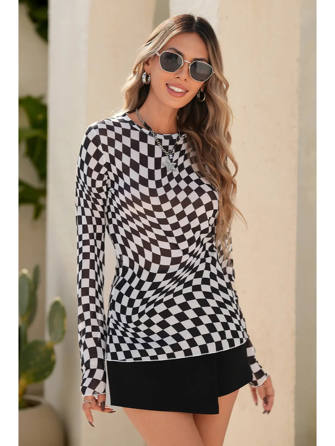 Checkered Mesh Long Sleeve