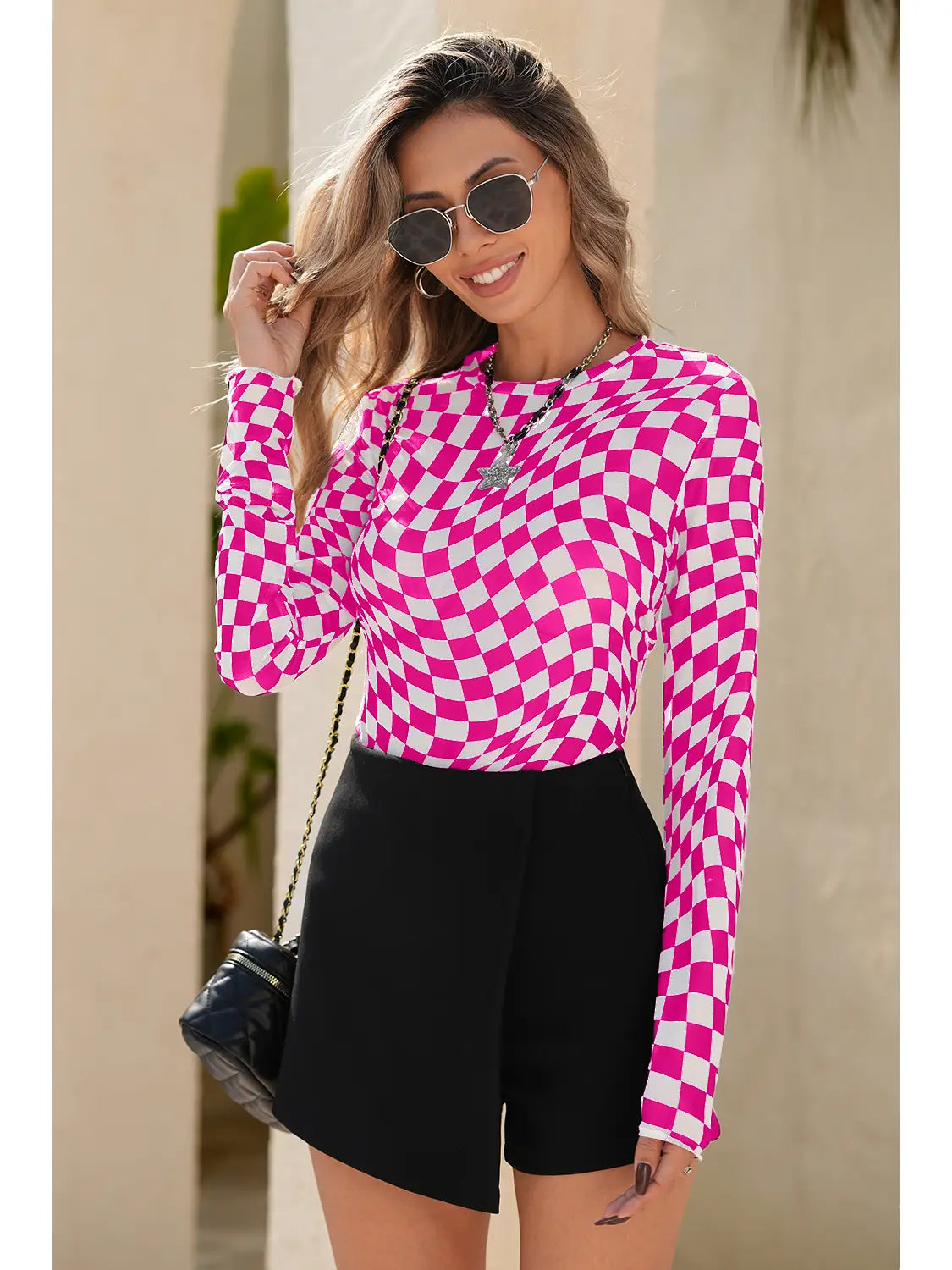 Checkered Mesh Long Sleeve
