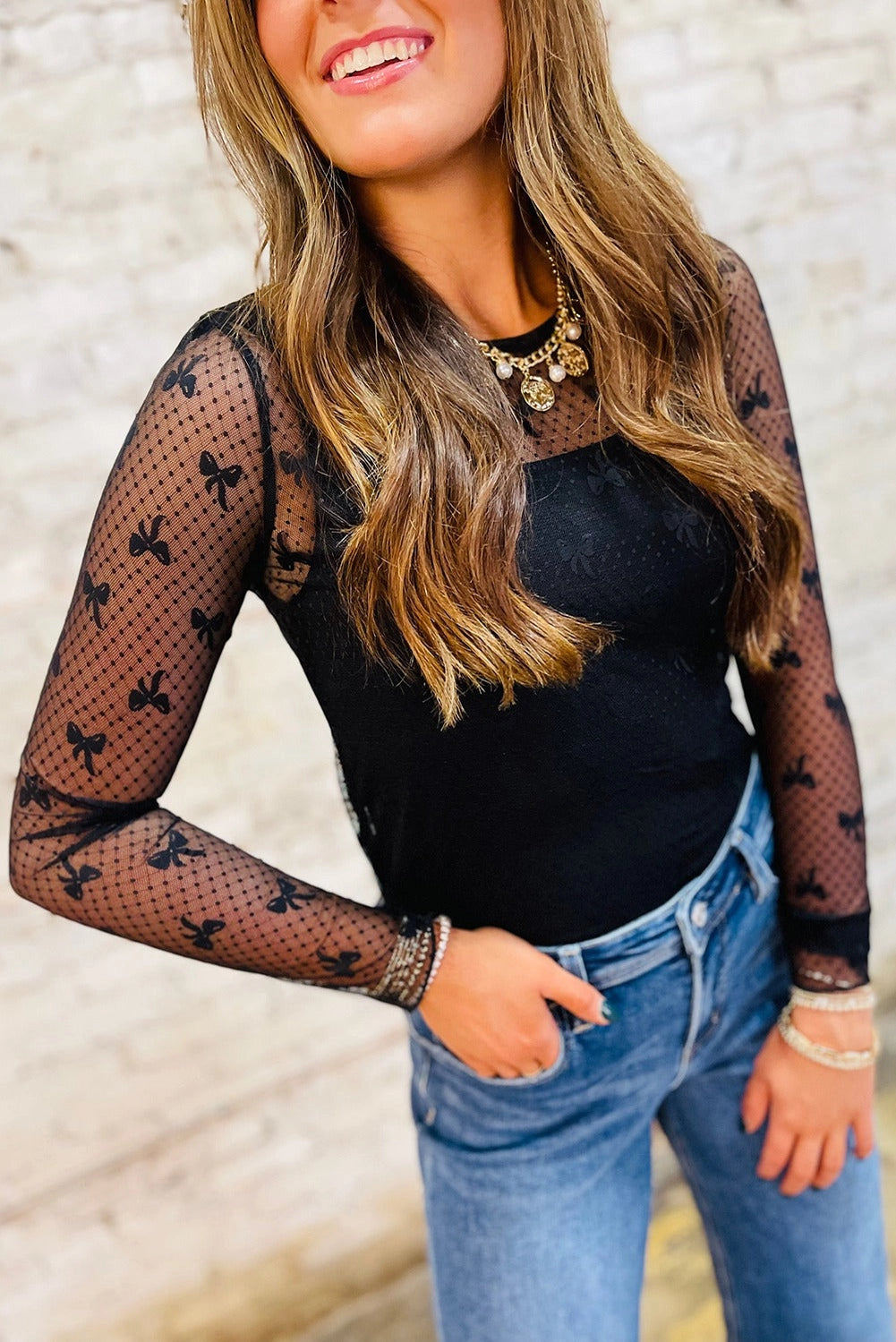 Bow Pattern Mesh Top