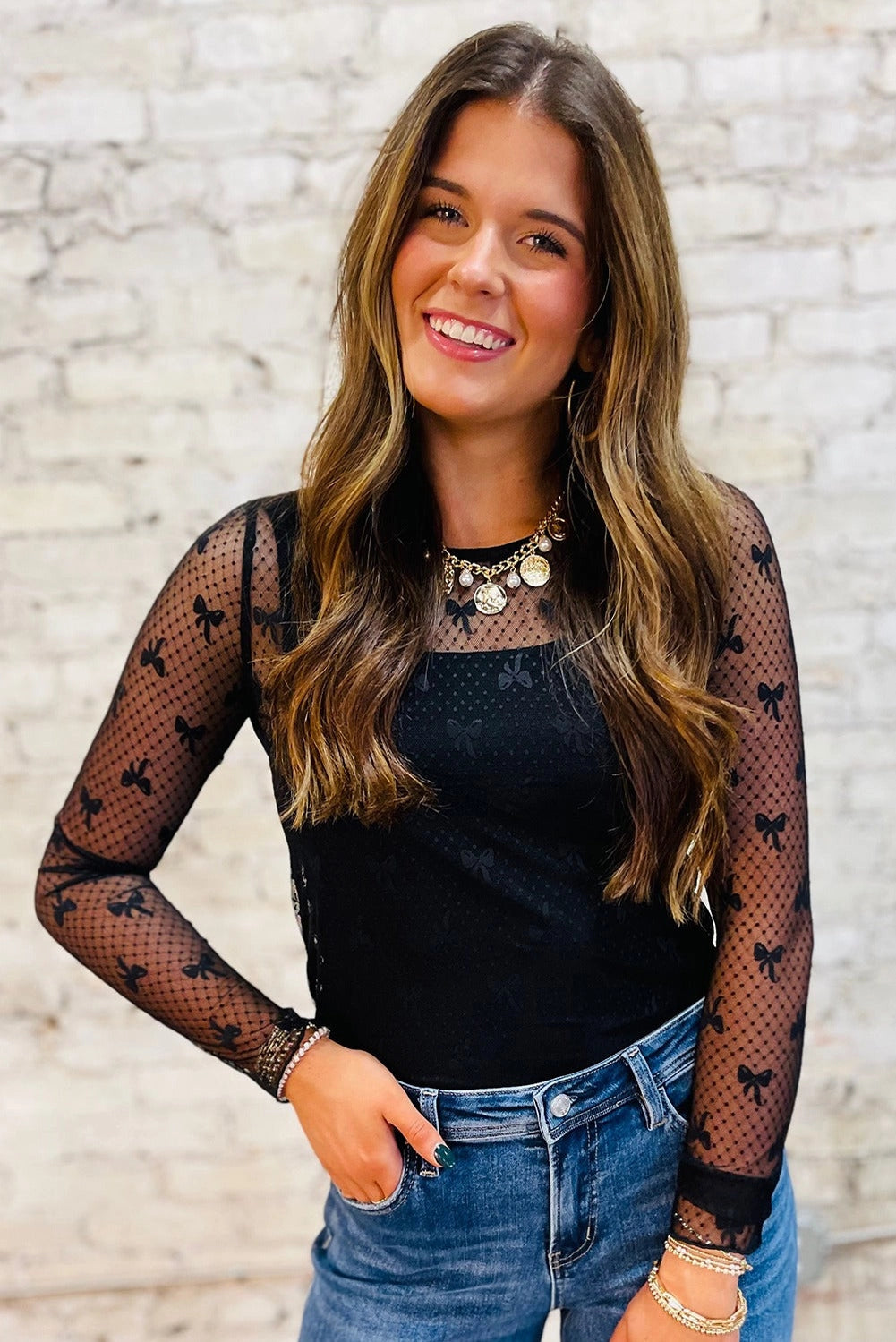 Bow Pattern Mesh Top