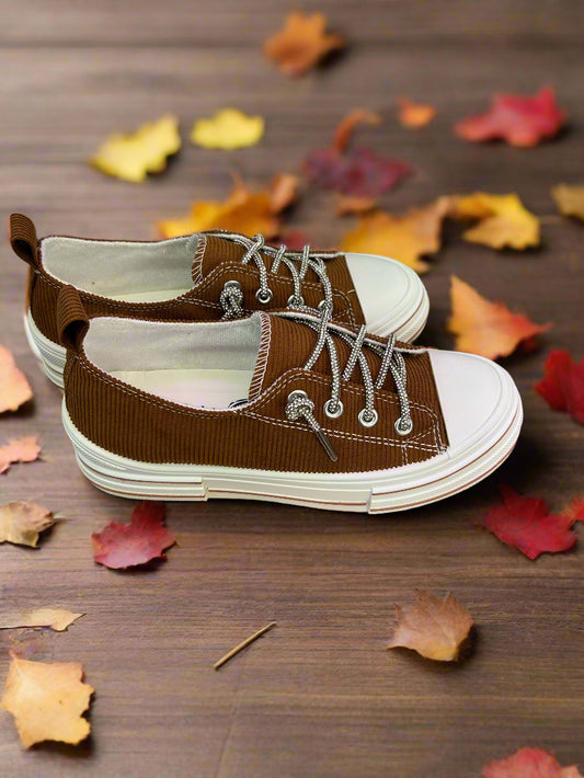 brown corduroy sneakers with rhinestone laces