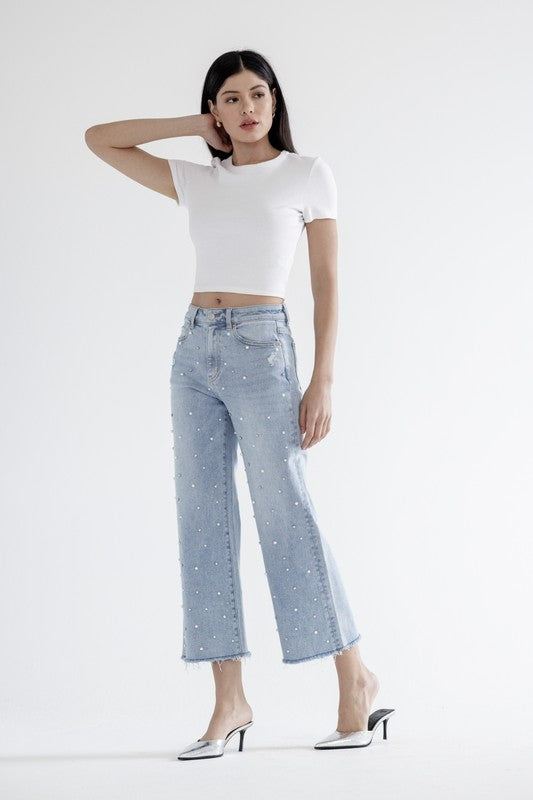 Mica Denim-Pearl Embellished Crop Jeans
