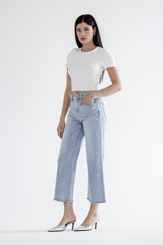Mica Denim-Pearl Embellished Crop Jeans