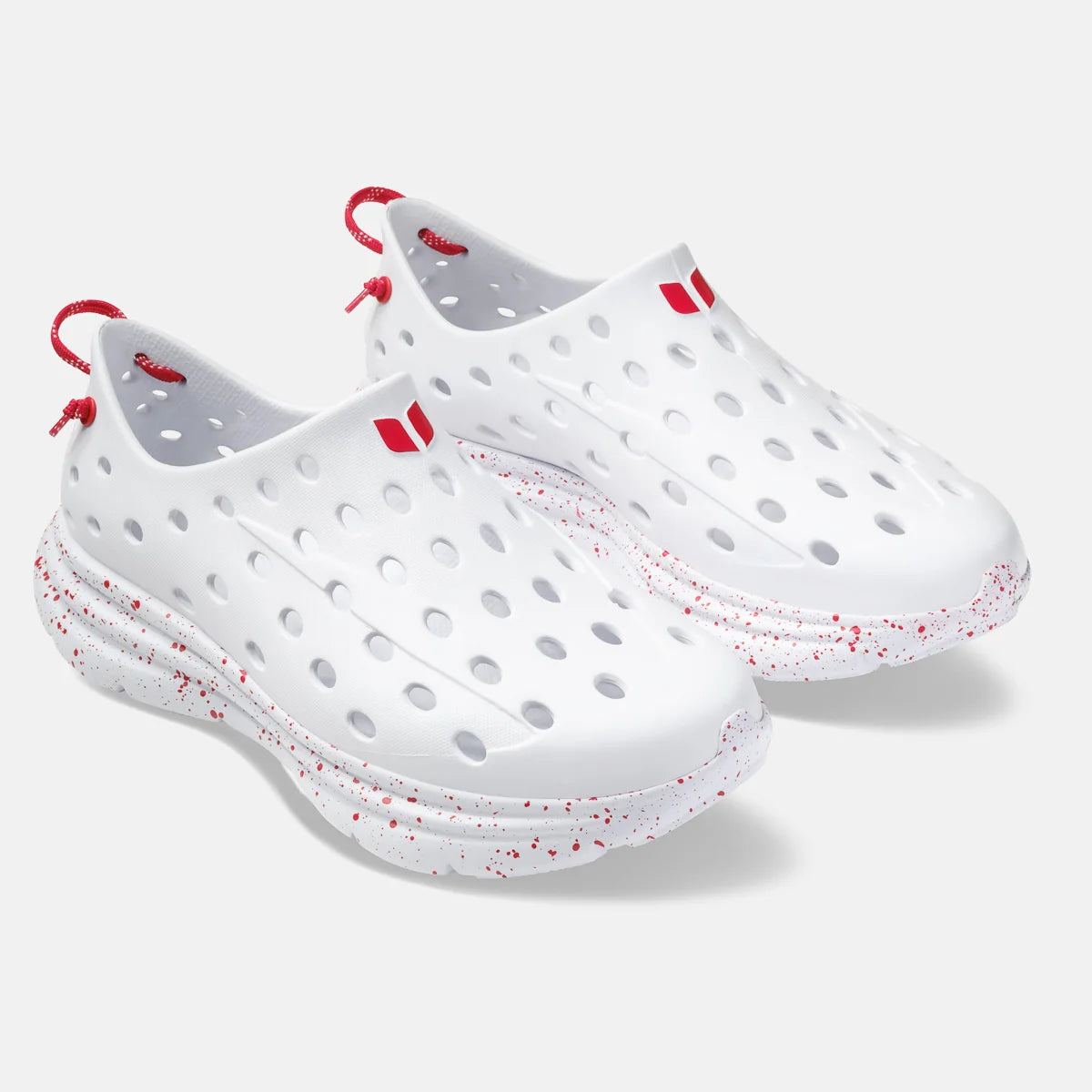 KANE Revive Red Speckle white recovery shoes with red accents and speckled sole