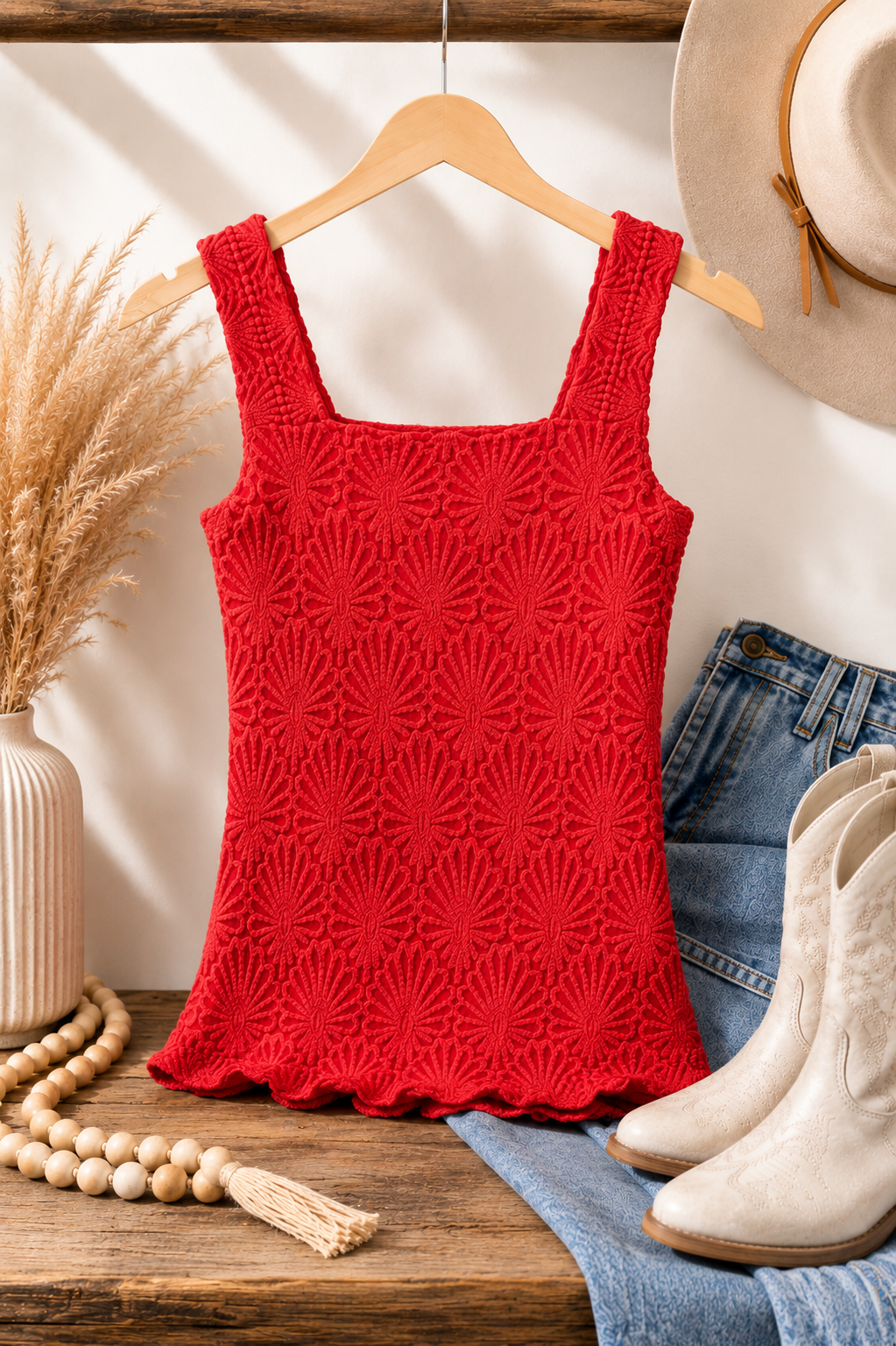NIKIBIKI red floral lace textured square neck fitted tank top