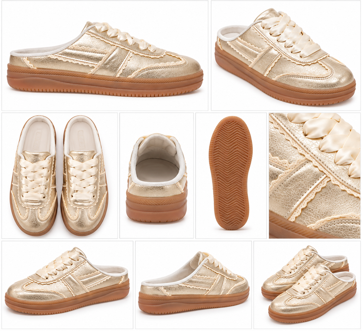 Women's metallic gold slip-on mule sneakers styled with cropped jeans