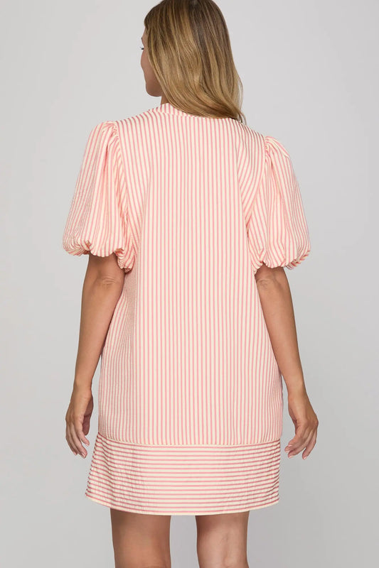 Woven pink dress with neck tie and pockets