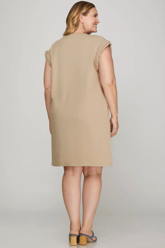 Neutral boutique knit dress with pockets styled for casual chic outfit