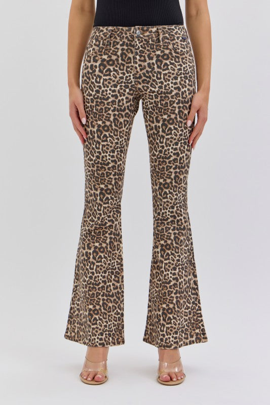 Women’s boutique mid rise leopard flare jeans from Twisted Sisters Shoetique in Waco Texas
