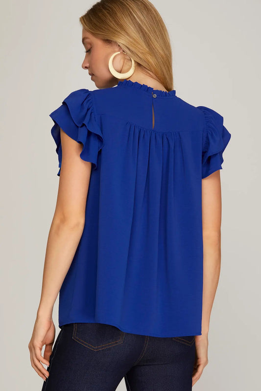 Pleated Yoke Blouse-Royal Blue - Twisted Sisters Shoetique