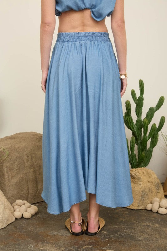 Back view of high waist chambray midi skirt