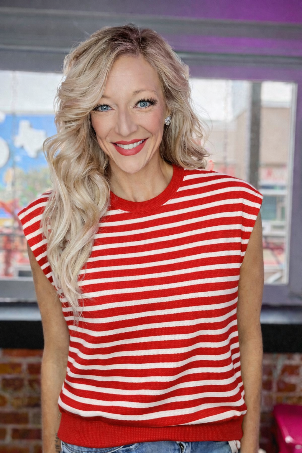Women’s boutique stripe blouse from Twisted Sisters Shoetique in Waco Texas