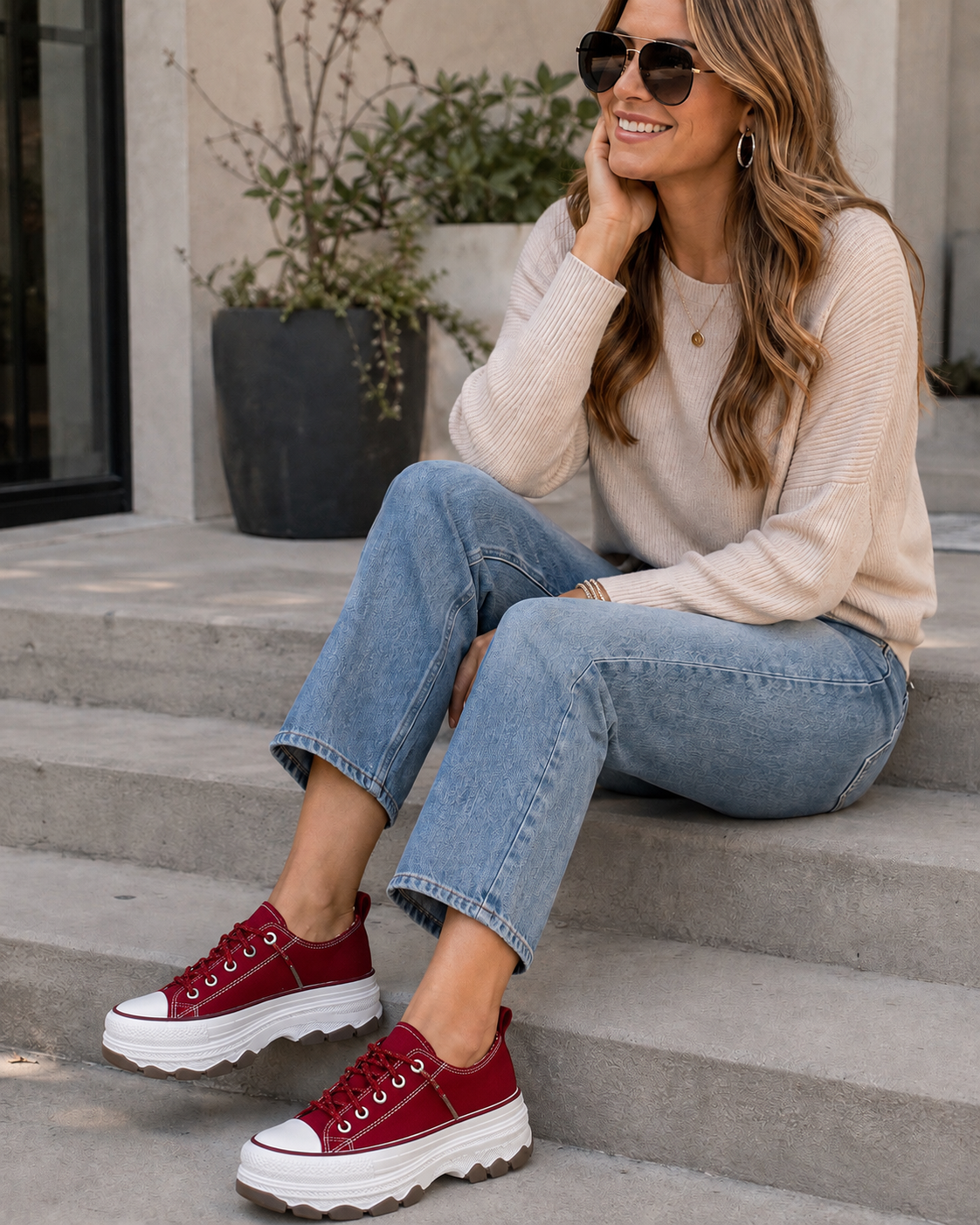 Woman wearing Very G Piper red platform sneakers with cropped jeans and a cream sweater