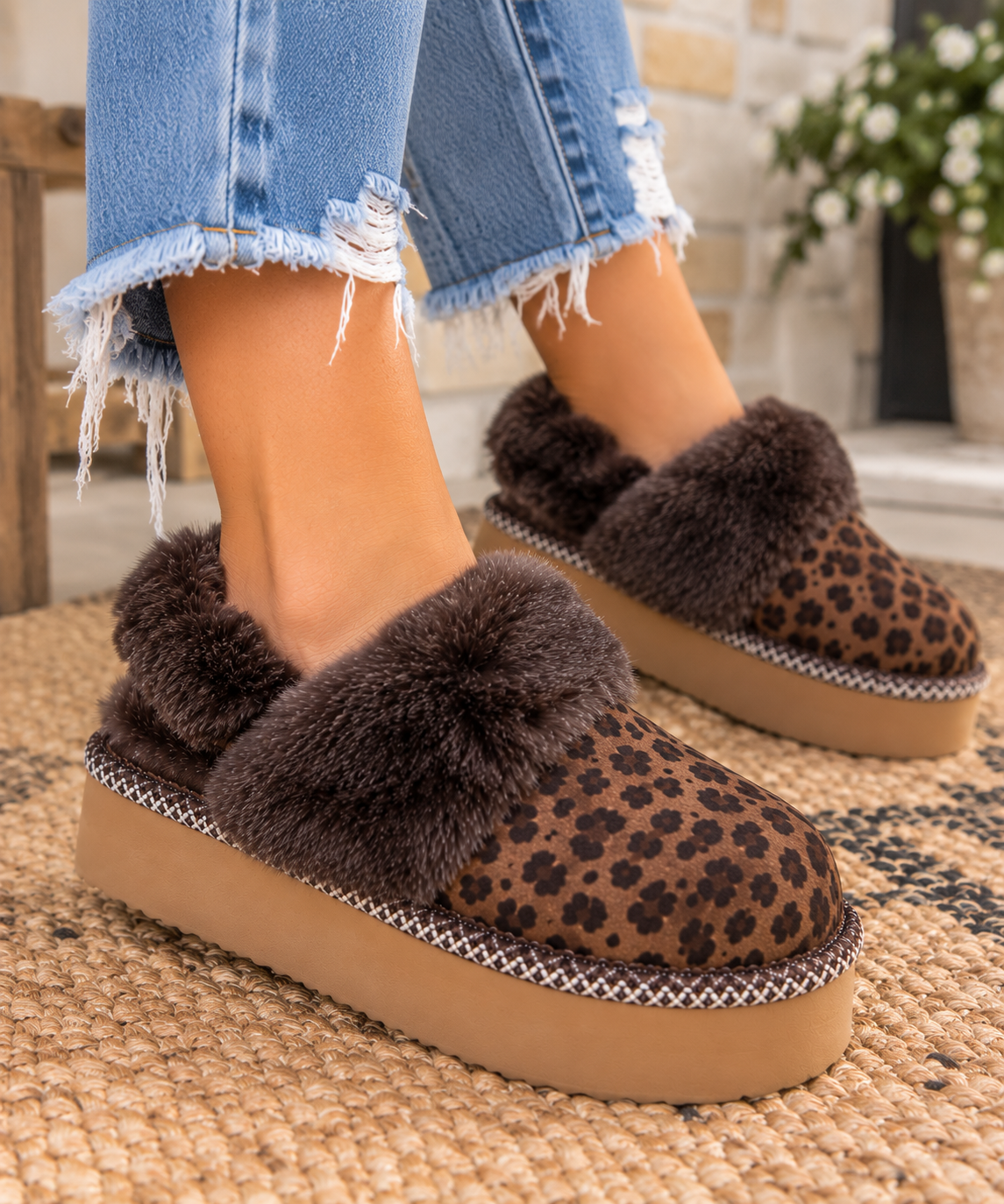Very G Scrunch Slides in leopard print with plush dark brown faux fur trim, stretchy fur back band, and cushioned platform sole.