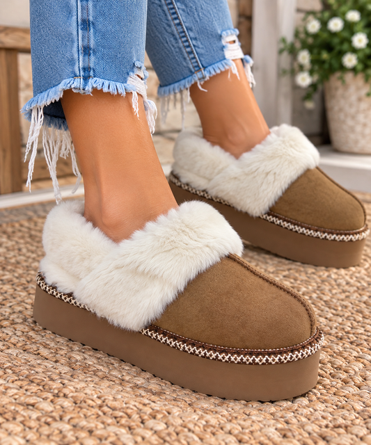 Very G Scrunch Slides in tan with soft ivory faux fur trim, matching fur-lined back band, braided detailing, and brown platform sole.