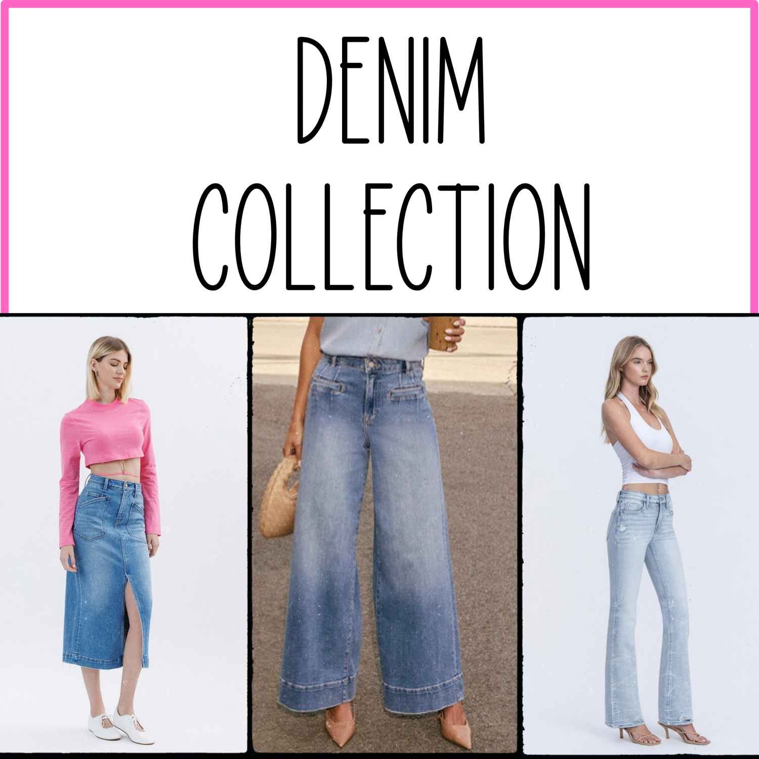 Women’s boutique denim jeans from Twisted Sisters Shoetique including high rise and wide leg styles