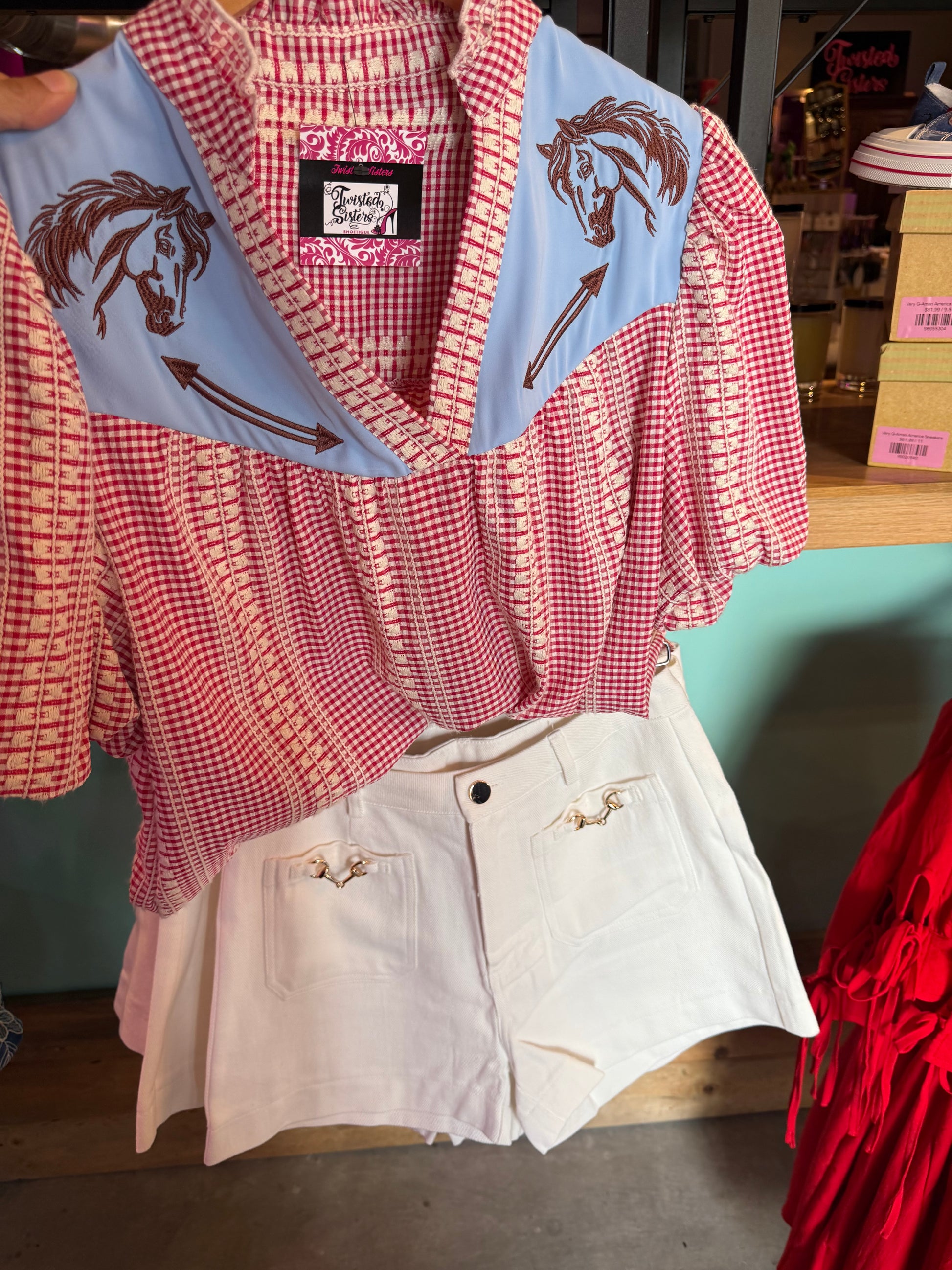 Western Horse Print Gingham Blouse - Twisted Sisters Shoetique
