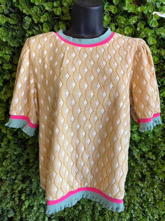 Mustard Stripe Band Geo Textured Knit Top