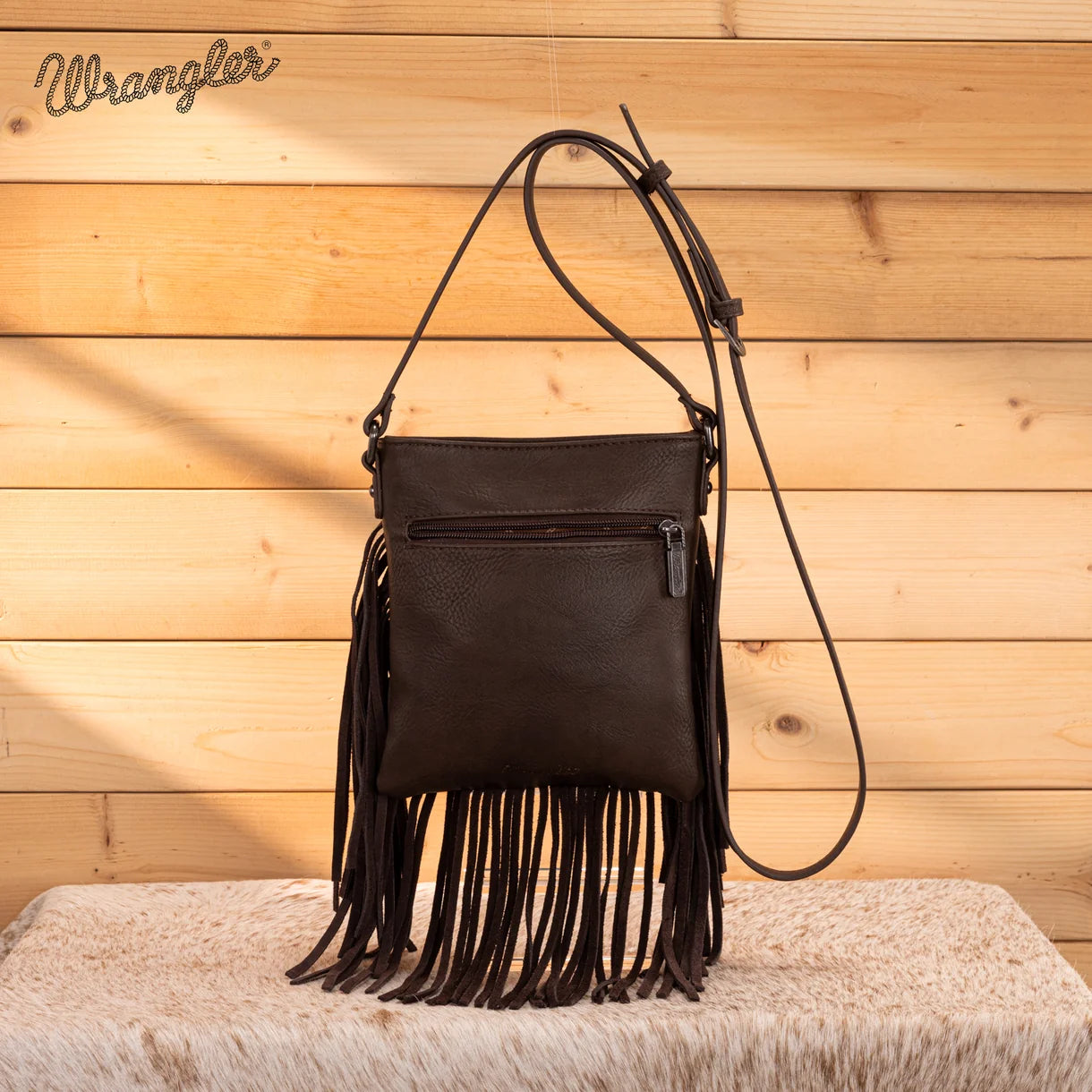     Wrangler Western denim crossbody purse with genuine leather fringe