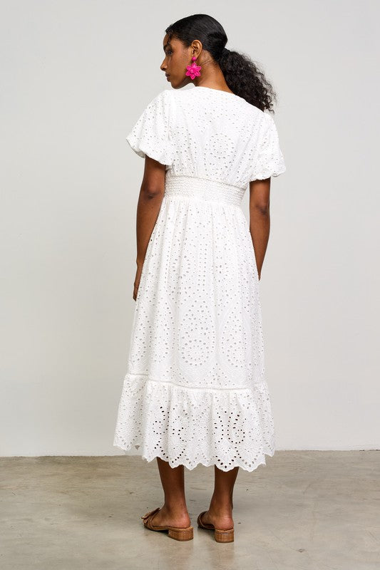 white eyelet tiered midi dress with smock waistline