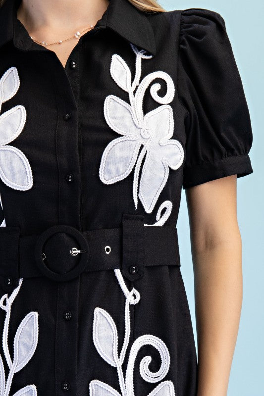 Linen Appliqué Belted Shirt Dress