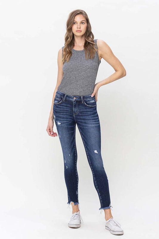 Mid Rise Uneven Raw Hem with Distressed Crop Skinny Jeans