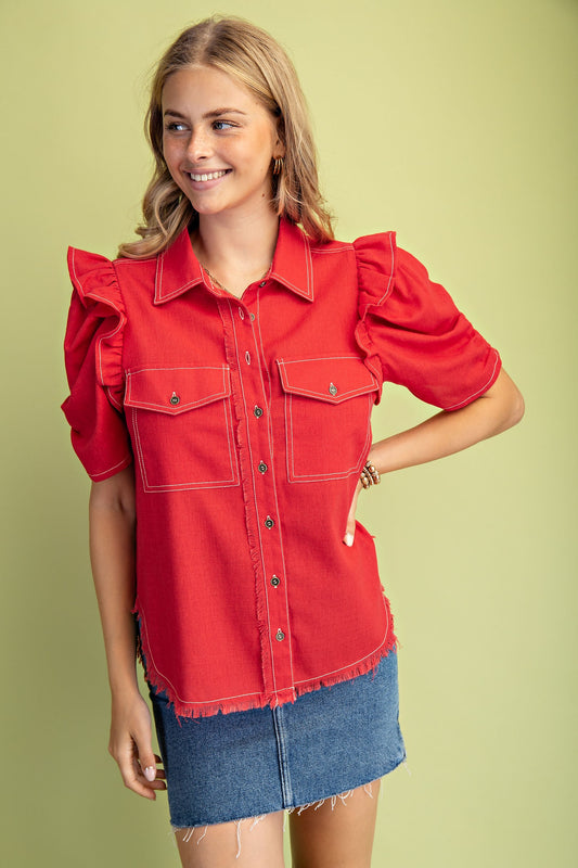Ruffled Sleeve Linen Shirt