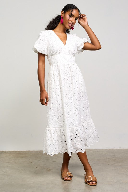 White Smocked Waist Eyelet Dress