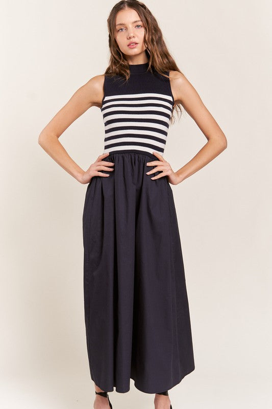  white striped black sweater tank maxi dress mock neck black skirt