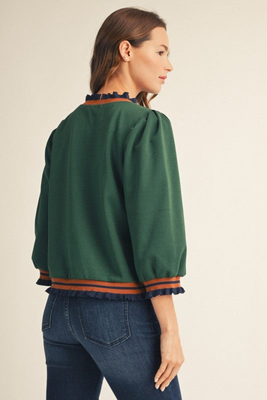 Ruffle Trim Contrast Band Knit Top