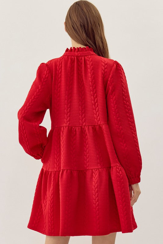 Red Texture Long Sleeve Dress