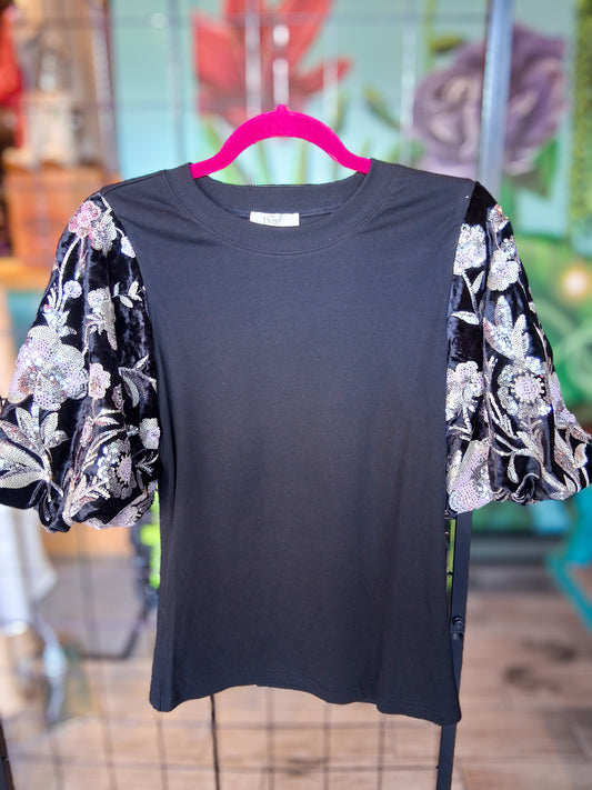 Black Sequin Bubble Sleeve Top