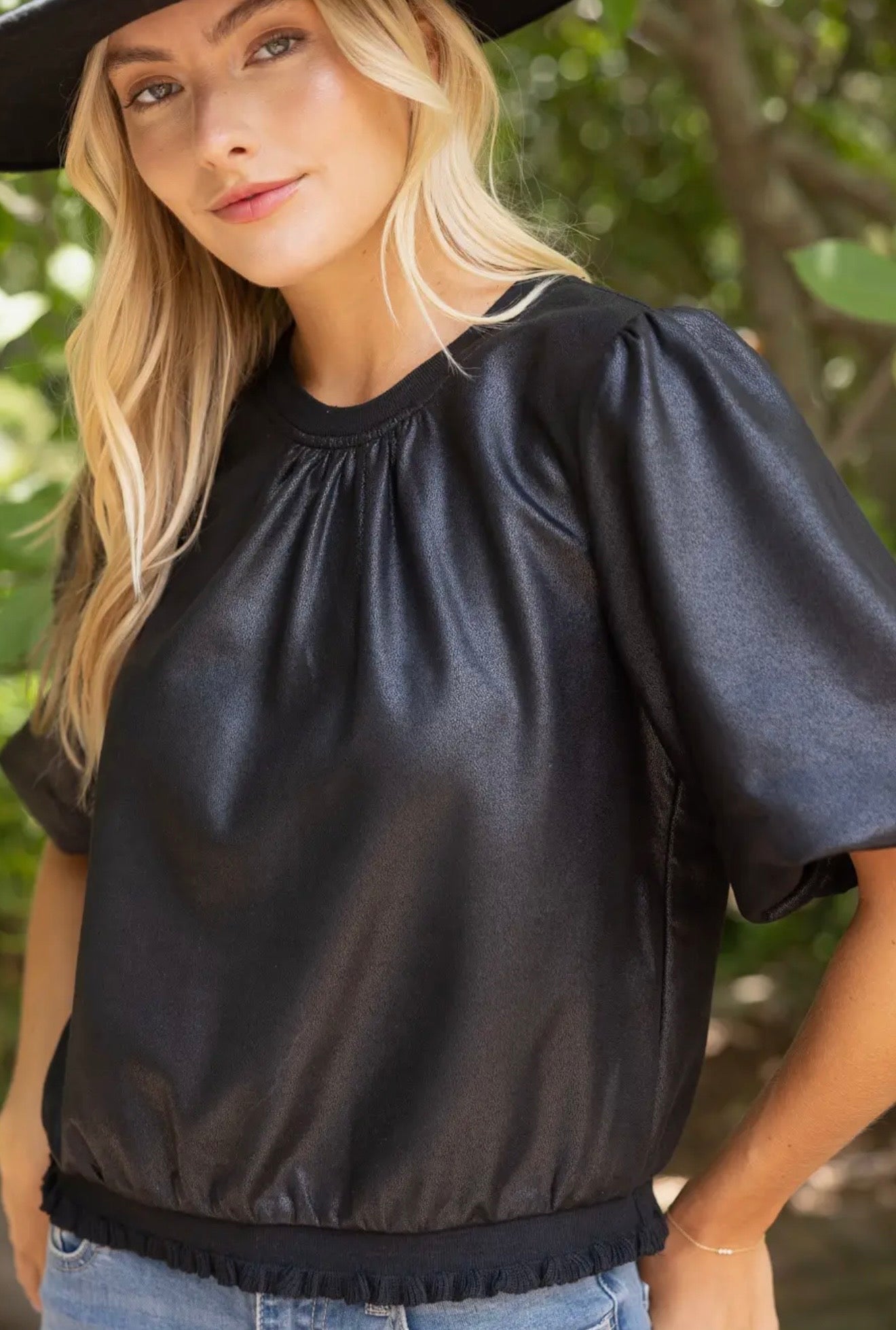 City Chic Faux Leather Bubble Sleeve Top - Twisted Sisters Shoetique