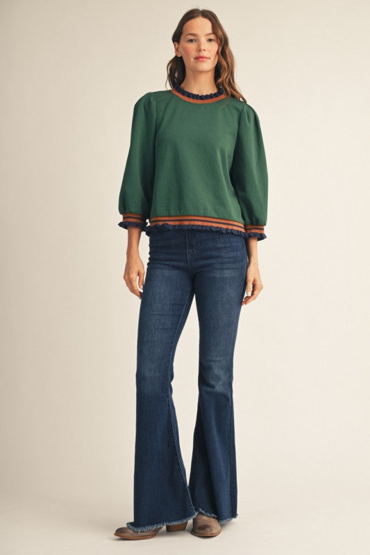 Ruffle Trim Contrast Band Knit Top