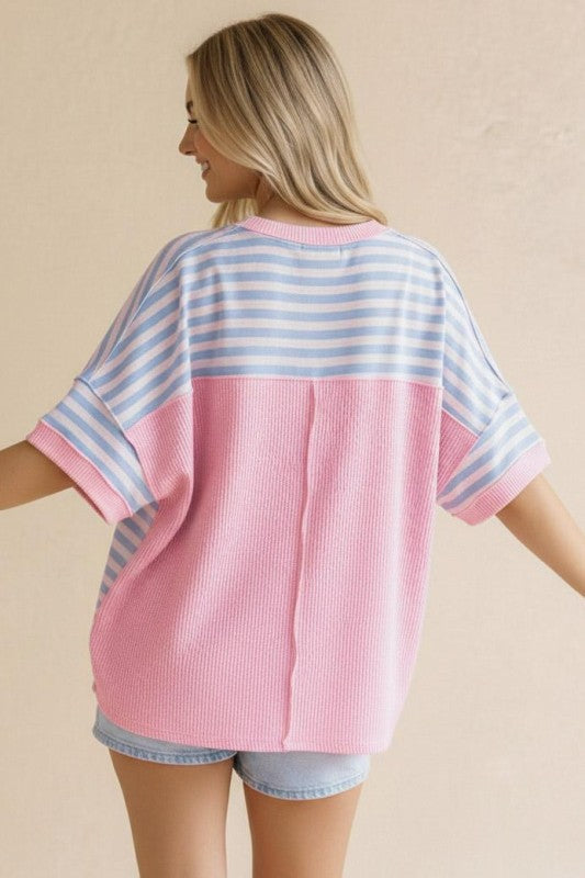 Blue & Pink Striped French Terry Top