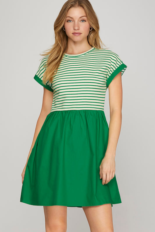 Front view of green striped knit cap sleeve mini dress