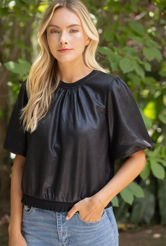 City Chic Faux Leather Bubble Sleeve Top - Twisted Sisters Shoetique