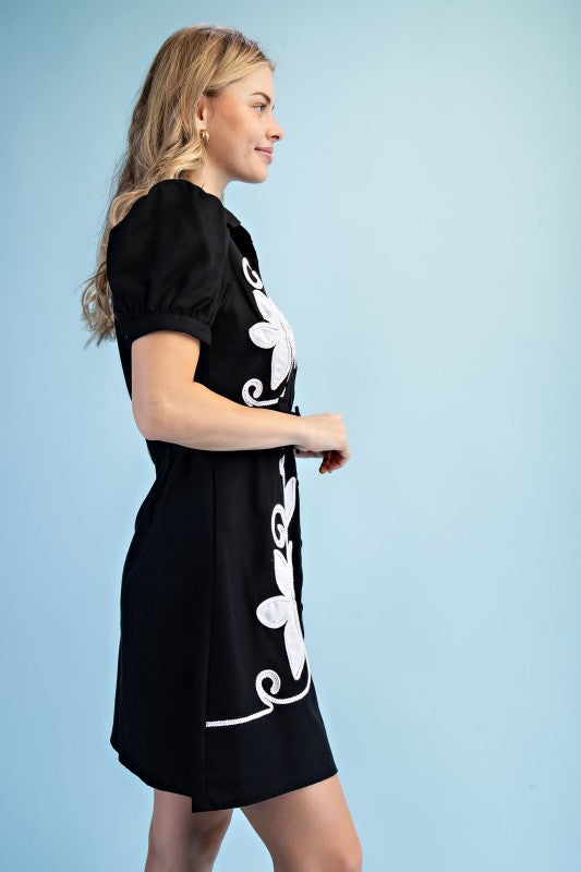 Linen Appliqué Belted Shirt Dress