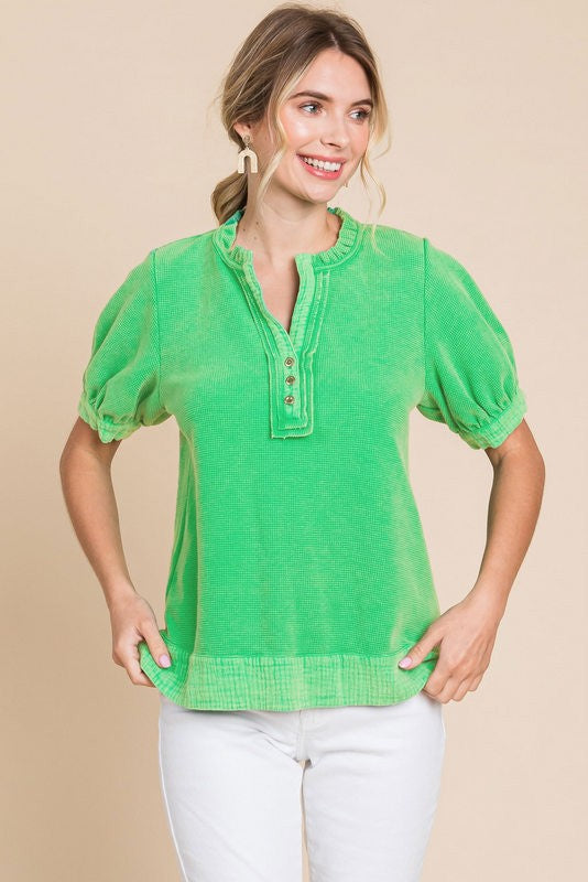 Washing Button-Up Split Neck Top