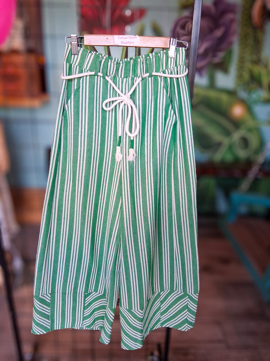 Green Stripe Linen Wash Pants