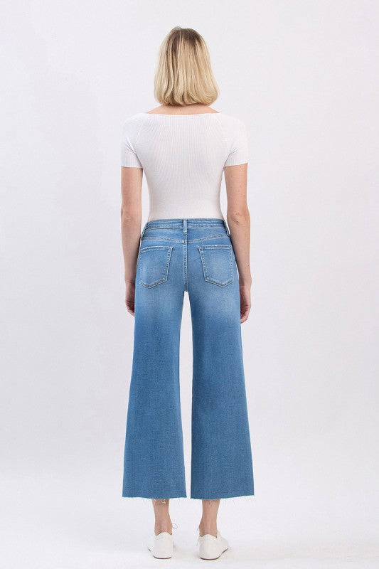 High Rise Raw Hem Crop Slim Wide Jeans