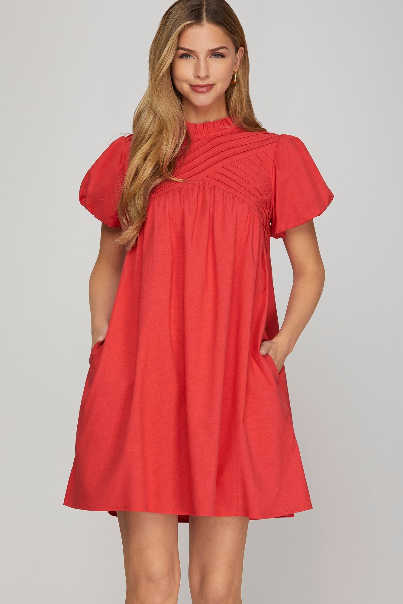 Women’s red bubble sleeve mini dress from Twisted Sisters Shoetique in Waco Texas