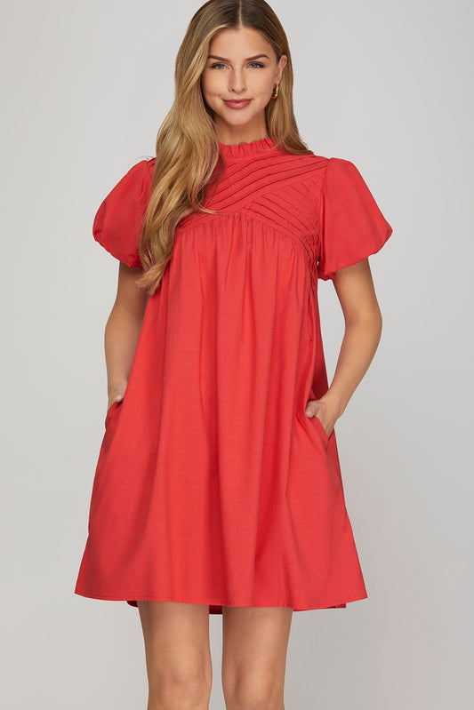 Women’s red bubble sleeve mini dress from Twisted Sisters Shoetique in Waco Texas