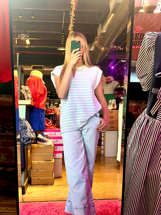 Cloudy Knit Stripe Round Neck Tank-Blue - Twisted Sisters Shoetique