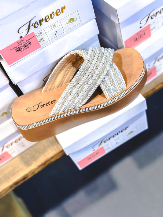  white crisscross rhinestone straps  with rhinestone accented wedge