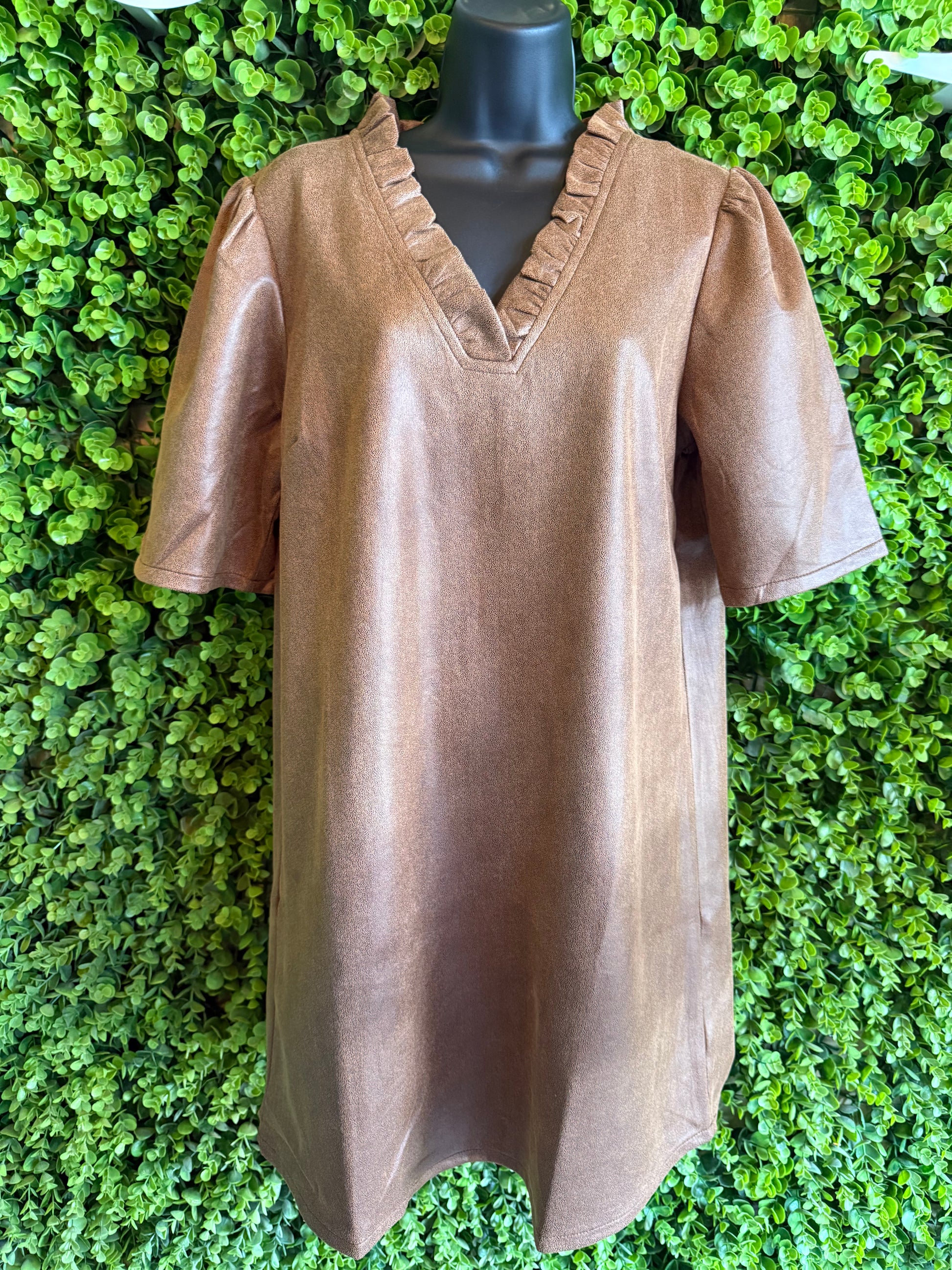 Camel Faux Leather Ruffle Shift Dress