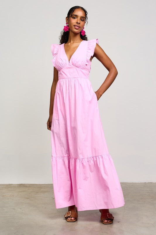 pink poplin tiered maxi dress tie back sleeveless with ruffle detail