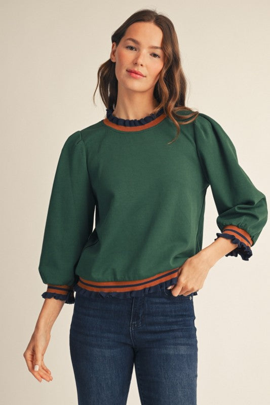 Ruffle Trim Contrast Band Knit Top