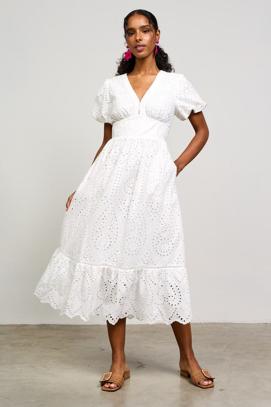 White Smocked Waist Eyelet Dress